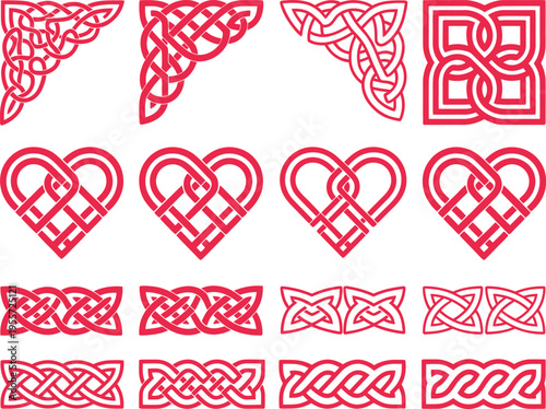 Set of vector heart shapes and illustrations for Valentine's Day romance design featuring red and pink passion symbols for wedding card decoration and seamless art patterns