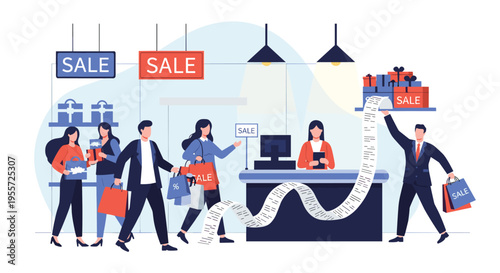 Crowded store during a major sale event features customers with many bags and a cashier with an incredibly long bill.