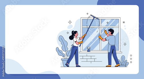 Professional cleaners in uniforms wash a large window in a bright interior setting with tools and cleaning supplies.