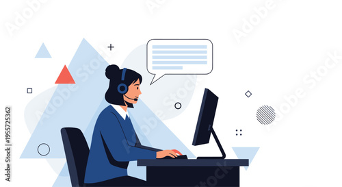 Professional female customer service agent with a headset works on a computer in front of an abstract background.