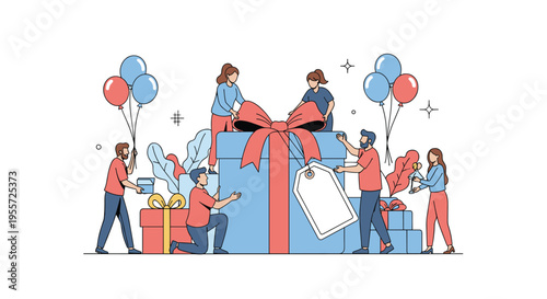 Group of tiny people works together to prepare large gift boxes with balloons and price tags for a special event.