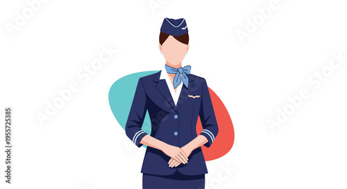 Graceful flight attendant in a professional navy blue uniform and hat stands with her hands clasped in a flat design.