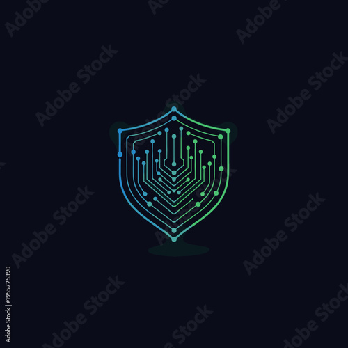 Digital security shield logo with circuit board pattern in blue and green gradient on a dark background.
