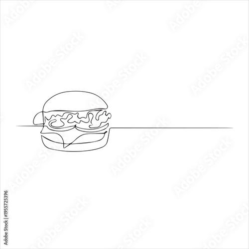  Continuous one line drawing of burger. Single line drawing of hamburger . Silhouette of fast food restaurant burger with cheese, cutlet and salad. Modern design street food logo, banner
