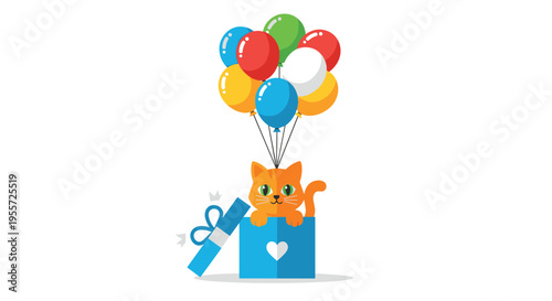 Adorable orange kitten sits in a blue gift box while being lifted into the air by a bunch of colorful helium balloons.