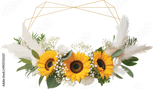 Simple sunflower flower wreath frame with bright yellow floral design and natural summer style