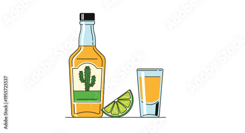Bottle of golden tequila with a cactus label stands next to a fresh lime wedge and a full shot glass on a table.