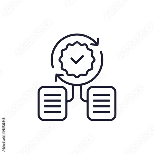 Data verification icon with documents, line design on white