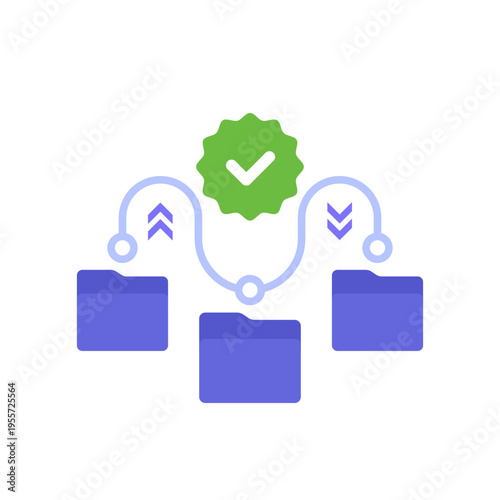 Data verification icon with file folders, flat design on white