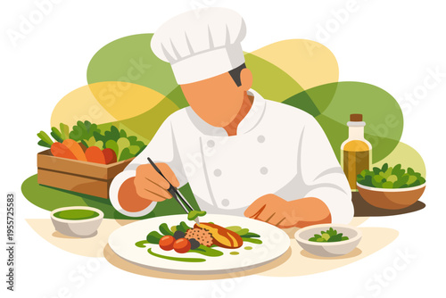 Chef meticulously garnishing a gourmet dish with fresh ingredients.