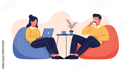 Two freelancers work remotely on their laptops while relaxing in comfortable blue and red bean bag chairs with coffee.