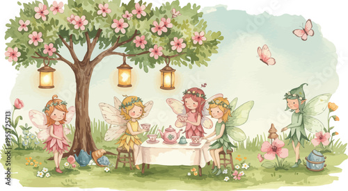 Whimsical fairies gathered around a table under a blooming tree in a lush garden setting with hanging lanterns