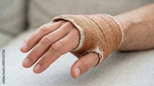 Hand in brown fiberglass cast fingers exposed