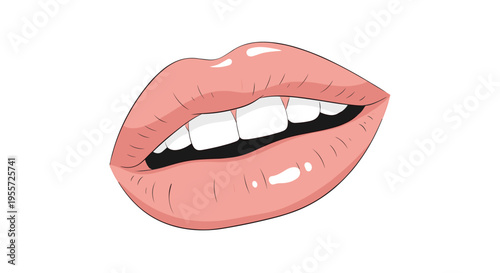 Detailed illustration of a pair of smiling pink lips with perfectly white teeth shown against a neutral background.