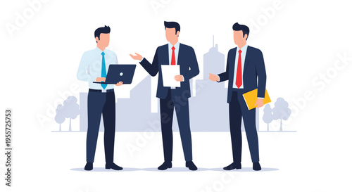 Group of professional businessmen in suits having a discussion with laptop and documents against a city skyline background.