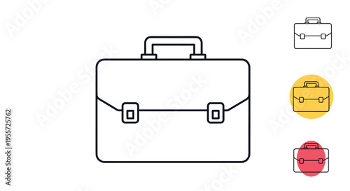 Business briefcase icon set showing different styles including outline and colored circles for office and professional use.