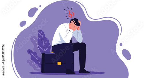 Stressed businessman sitting on his briefcase with hands on head feeling overwhelmed and frustrated in a purple abstract space.