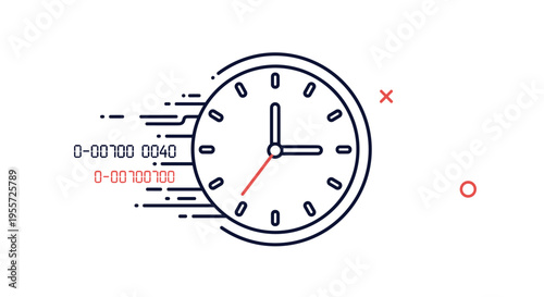Fast-moving wall clock icon with speed lines and digital time codes symbolizing urgency and rapid time progression in business.