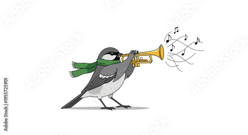 Cute small bird wearing a green scarf playing a golden trumpet with flowing musical notes isolated on a white background.