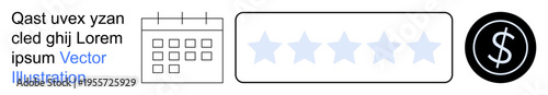 Business planning, user feedback, financial management, e-commerce, service reviews, scheduling. A calendar, star rating scale and dollar sign graphic. Business planning and user feedback concepts
