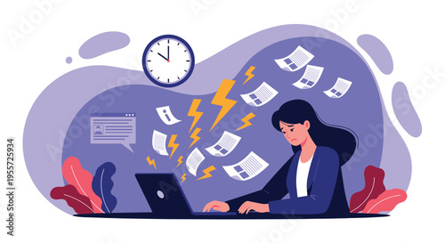 Overwhelmed businesswoman working at a laptop with flying papers and lightning bolts under a clock symbolizing deadline stress.