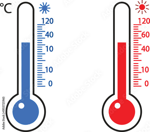 A graphic illustration showing two thermometers representing cold and hot temperature conditions Vector