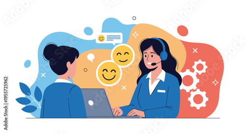 Friendly customer service representative with headset talking to a client at a laptop with smiley face bubbles and gears.