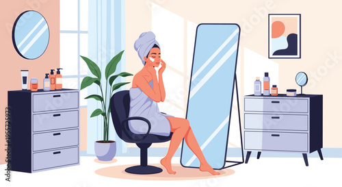 Beautiful woman wrapped in a towel applying face cream while sitting in front of a mirror in a modern bedroom setting.