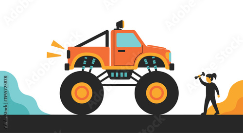 Female mechanic repairing a massive orange monster truck with giant tires in a creative flat style illustration on white.