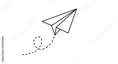 Minimalist outline of a paper plane flying with a dotted loop path trail isolated on a white background for creative projects.