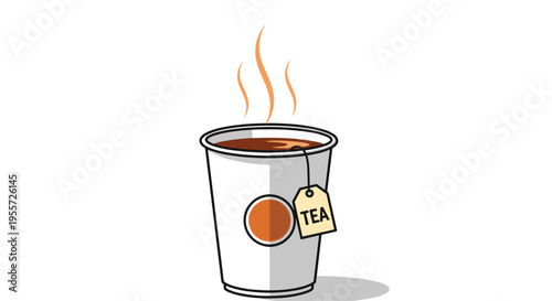 Paper cup of freshly brewed hot tea with a visible tea bag tag and rising steam isolated on a clean white background.