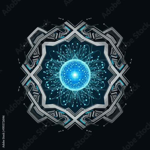 Abstract digital illustration of a glowing blue atom with orbiting electrons within a complex geometric metallic frame.
