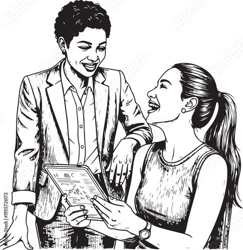 two businesswomen collaborating, hand drawn simple sketch vector illustration