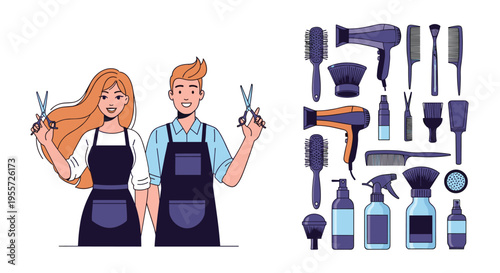 Male and female hairdressers in aprons holding scissors with a collection of professional hair styling tools in a salon.