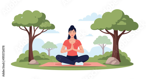 Calm young woman sitting in a lotus pose meditating on a yoga mat in a beautiful green public park with lush trees.