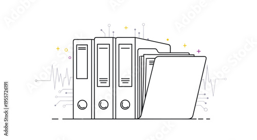Office organization concept showing three large ring binders and an open folder with documents in a clean outline style.
