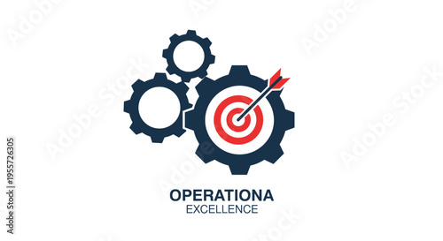 Operational excellence concept design showing three interlocking gears with a bullseye target and an arrow hitting the center for strategic success.