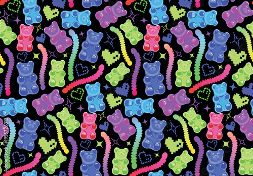Neon Gummy Bears and Worms Seamless Pattern Retro 90s Candy Background
