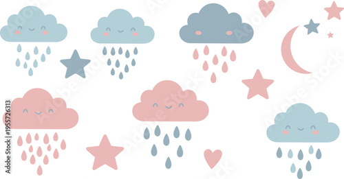 Whimsical pastel clouds stars and raindrops in soft colors on white background