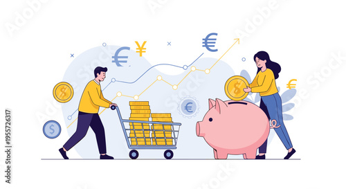 Man pushing a shopping cart full of gold coins towards a giant piggy bank while a woman deposits another coin for financial savings.