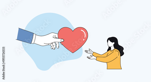 Large hand emerging from the side offering a red heart shape to a young woman reaching out to receive it in a concept of love or charity.