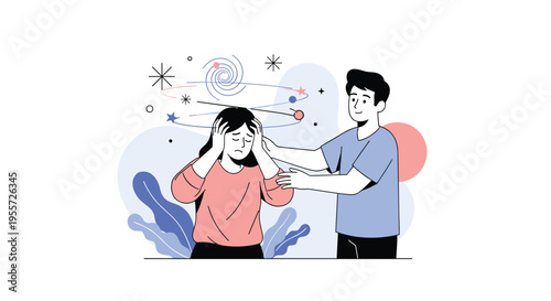 Young woman holding her head in pain or dizziness with swirling stars and galaxies above her while a man stands nearby to offer support.