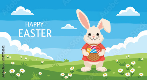 Happy easter greeting card featuring a cute white bunny holding a basket of colorful decorated eggs in a green field with flowers and blue sky.
