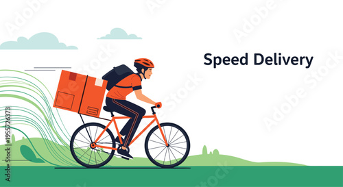 Courier riding a bicycle at high speed to deliver a large orange package with motion lines indicating rapid service in a green landscape.