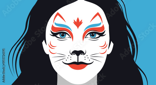 Detailed portrait of a woman with intricate white, orange, and blue cat face paint design and long black hair against a solid blue background.