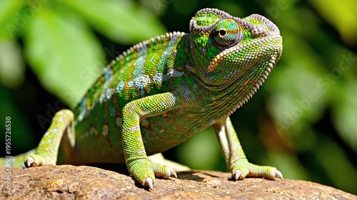 A vibrant green chameleon on a rock.