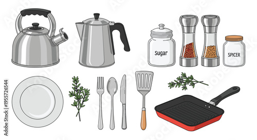 Assorted collection of kitchen utensils and cookware including a kettle, coffee pot, plates, cutlery, spices, and a frying pan for cooking.