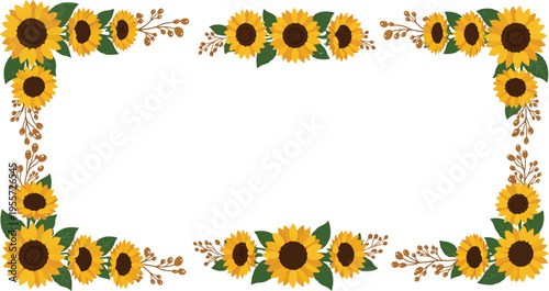 Vibrant sunflower border frame with green leaves and floral accents on white background