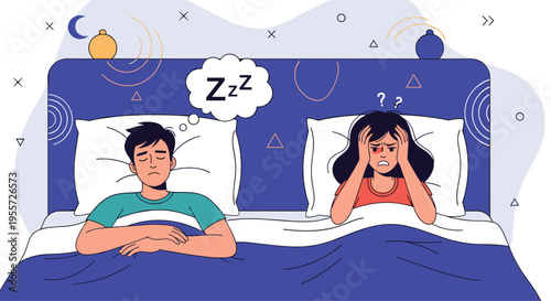 Man sleeping soundly while a woman sits up in bed feeling stressed and unable to sleep with various thoughts and symbols in the background.