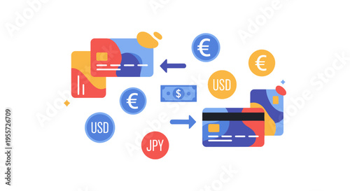 Global Money Transfer, Currency Exchange, and Digital Payment Concept. Financial transaction flow between credit cards, fiat currencies (USD, EUR, JPY), and cash.